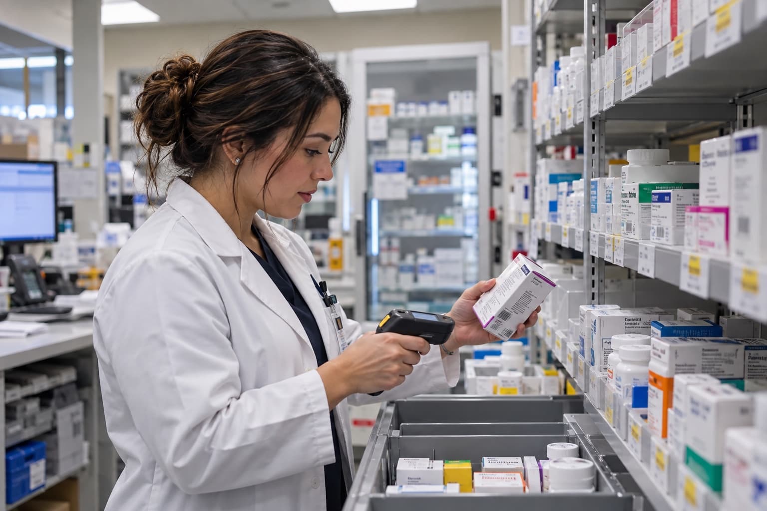A pharmacist scanning a medication against a prescription