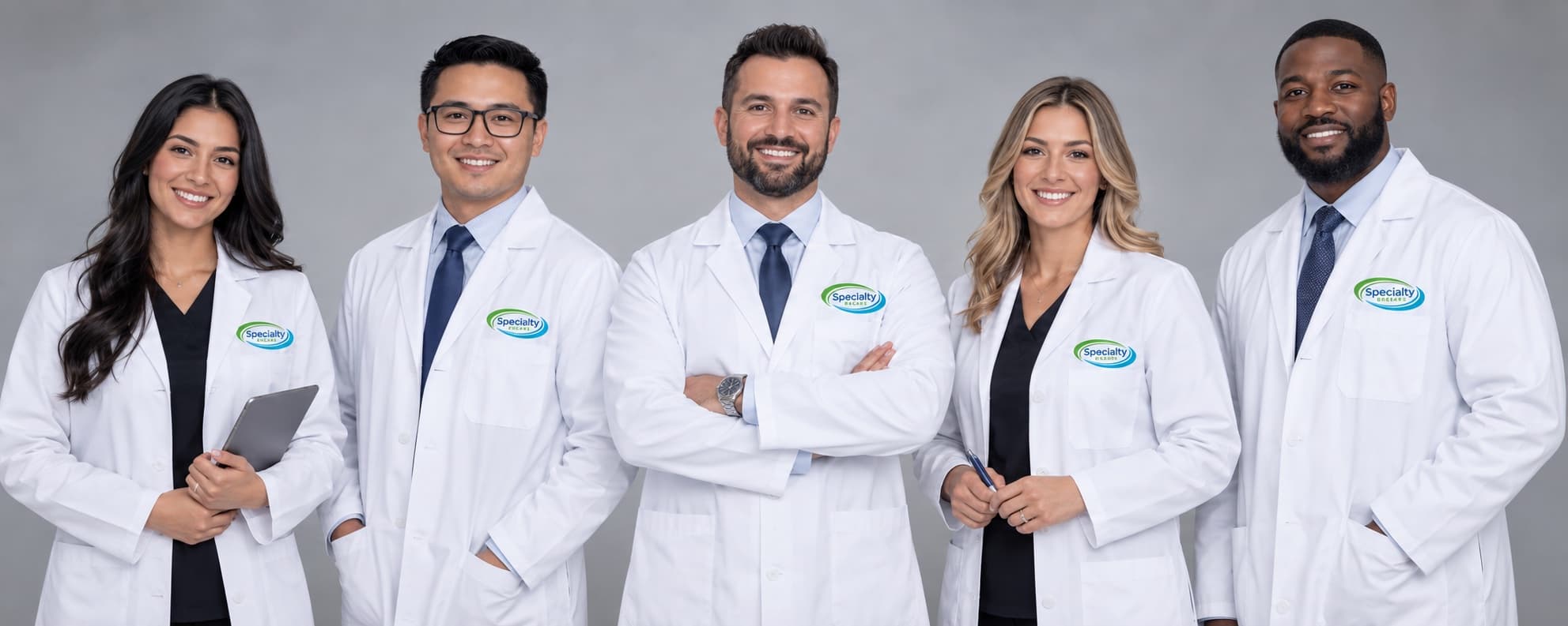 Five Specialty Rxcare pharmacists and clinical staff in white coats