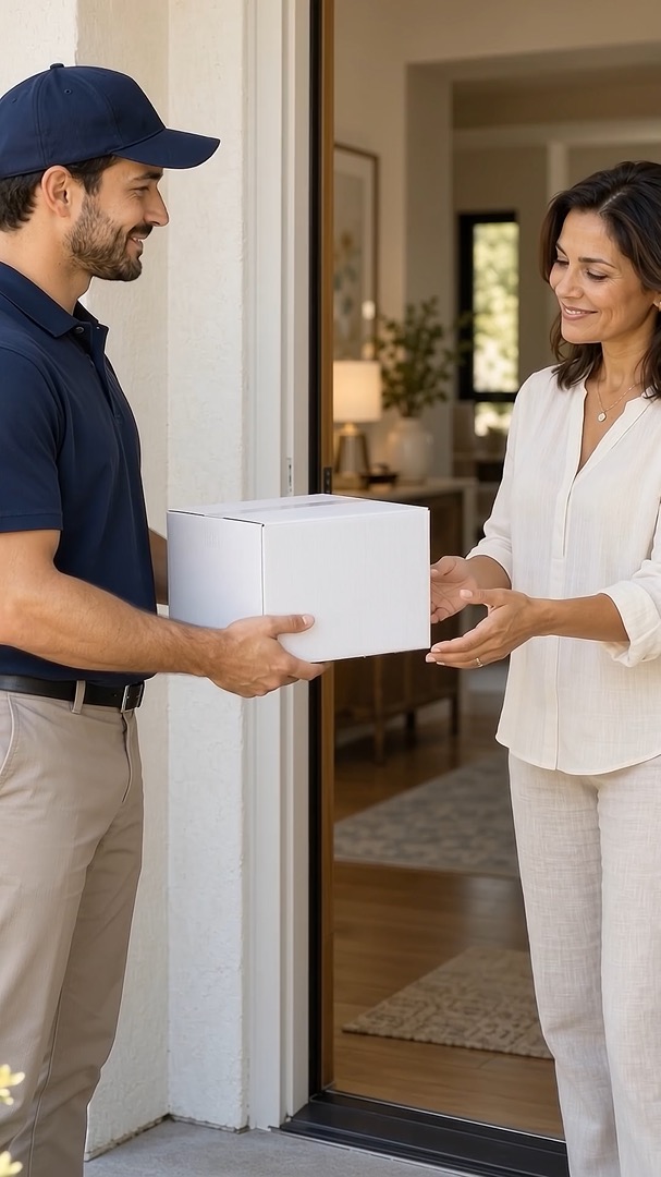 A courier handing a package to a patient