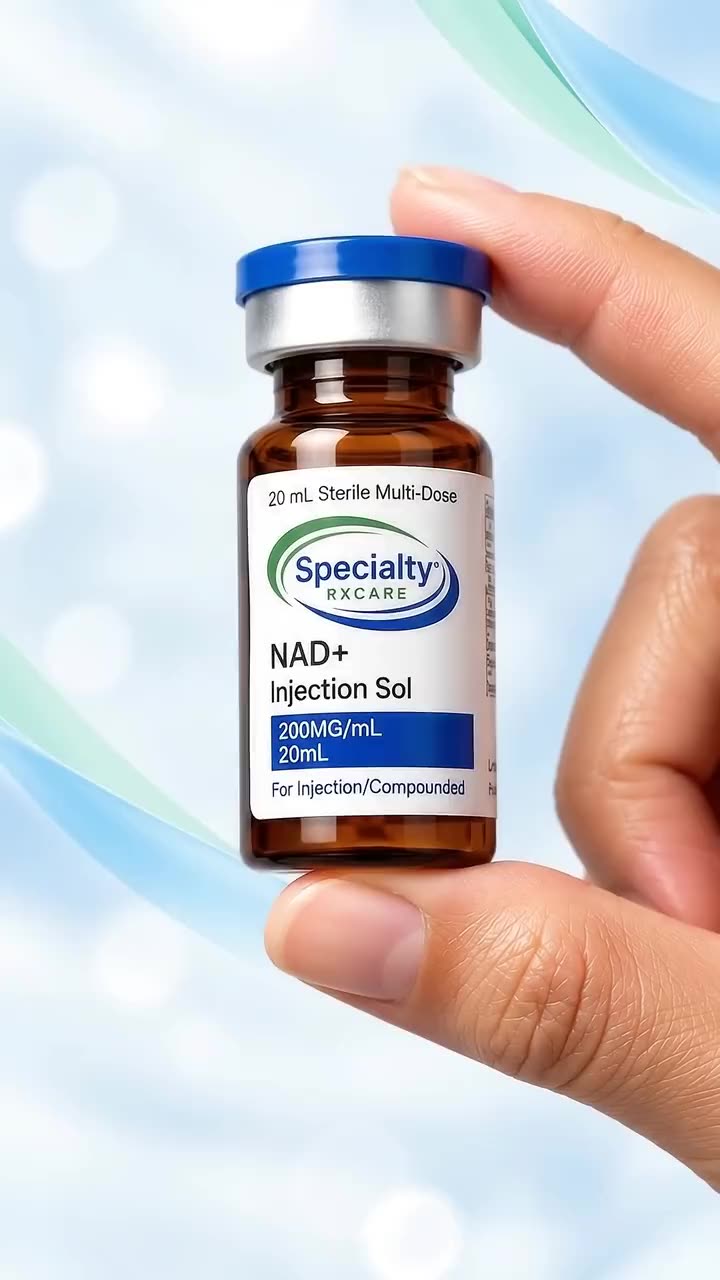 A hand holding a Specialty Rxcare compounded vial