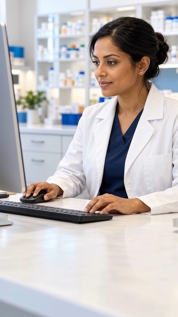A pharmacist working at a desk, reviewing a prescription