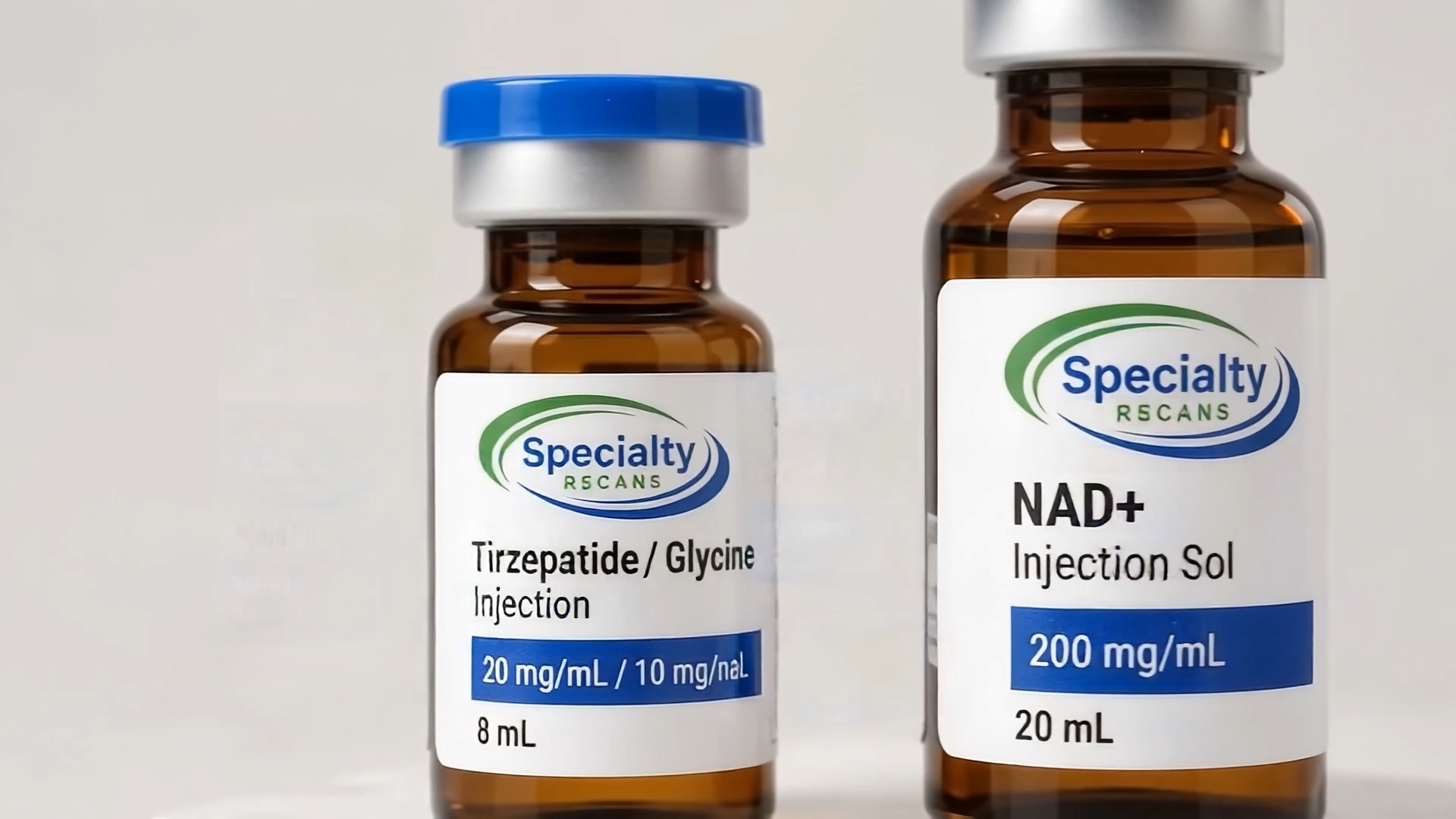 A lineup of Specialty Rxcare compounded medications, including NAD+, semaglutide, tirzepatide, CJC-1295/ipamorelin, and sermorelin injections